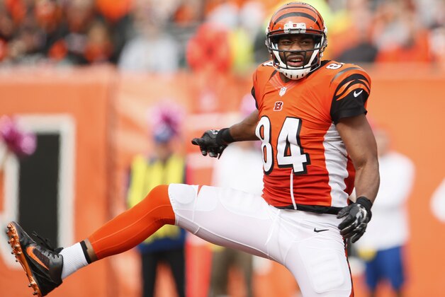 Cincinnati Bengals tight end Jermaine Gresham reacts in the second half of an NFL football game against the Carolina Panthers, Sunday, Oct. 12, 2014, in Cincinnati. (AP Photo/Paul Sancya)
