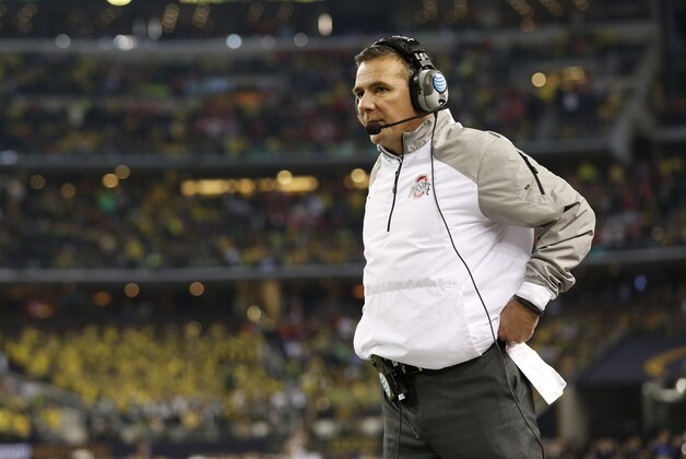 Jan 12, 2015; Arlington, TX, USA; Ohio State Buckeyes head coach Urban Meyer on the sidelines in the fourth quarter against Oregon Ducks in the 2015 CFP National Championship Game at AT&T Stadium. Mandatory Credit: Matthew Emmons-USA TODAY Sports