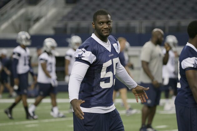 Dallas Cowboys middle linebacker Rolando McClain (55) gestures towards the sidelines during NFL football minicamp at the team's stadium in Arlington, Texas, Wednesday, June 17, 2015. (AP Photo/LM Otero)