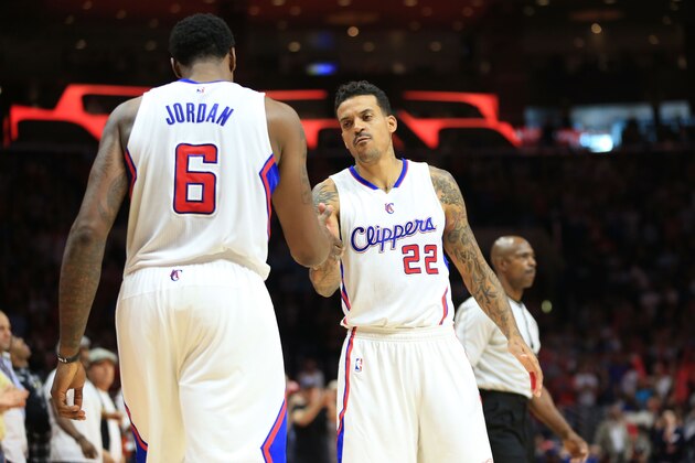 LOS ANGELES, CA - NOVEMBER 08:  DeAndre Jordan #6 and Matt Barnes #22 of the Los Angeles Clippers celebrate after a play during the NBA game against the Portland Trail Blazers at Staples Center on November 8, 2014 in Los Angeles, California. The Clippers defeated the Trail Blazers 106-102. NOTE TO USER: User expressly acknowledges and agrees that, by downloading and/or using this photograph, user is consenting to the terms and conditions of the Getty Images License Agreement. Mandatory copyright notice.  (Photo by Victor Decolongon/Getty Images)