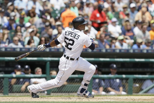 Detroit Tigers' Yoenis Cespedes bats during the fourth inning of a baseball game against the Pittsburgh Pirates, Thursday, July 2, 2015, in Detroit. (AP Photo/Carlos Osorio)