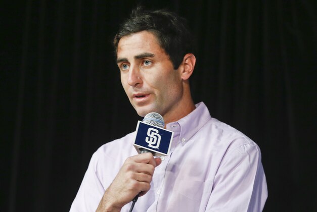 San Diego Padres general manager A.J.  Preller talks about the teams recent acquisitions at news conference where the Padres introduced four of their new players Tuesday, Jan. 6, 2015, in San Diego. (AP Photo/Lenny Ignelzi)