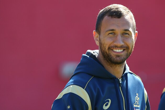 BRISBANE, AUSTRALIA - JULY 17:  Quade Cooper smiles during an Australian Wallabies captain's run at Ballymore Stadium on July 17, 2015 in Brisbane, Australia.  (Photo by Chris Hyde/Getty Images)