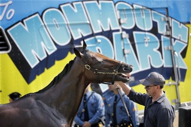 Handler Jorge Alvarez holds onto Triple Crown winner American Pharoah in the stable area after arriving at Monmouth Park in Oceanport, N.J., Wednesday, July 29, 2015. American Pharoah is preparing for Sunday's running of the Haskell Invitational horse race. (AP Photo/Mel Evans)