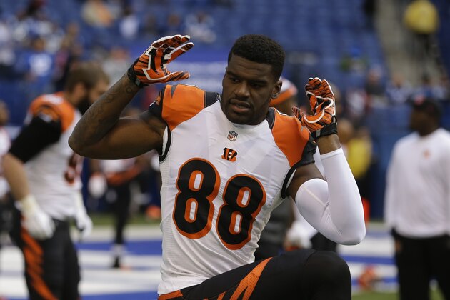 Cincinnati Bengals wide receiver Greg Little stretches before an NFL football game between the Indianapolis Colts and the Cincinnati Bengals Sunday, Oct. 19, 2014, in Indianapolis. (AP Photo/Michael Conroy)