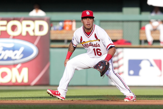 St. Louis Cardinals second baseman Kolten Wong (16) moves to cover second in a baseball game against the Kansas City Royals, Thursday, July 23, 2015 in St. Louis. (AP Photo/Tom Gannam)