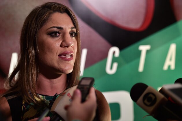 RIO DE JANEIRO, BRAZIL - JULY 30: Bantamweight fighter Bethe Correia of Brazil speaks with the media during Ultimate Media Day at Sheraton Hotel on July 30, 2015 in Rio de Janeiro, Brazil. (Photo by Buda Mendes/Zuffa LLC/Zuffa LLC via Getty Images)