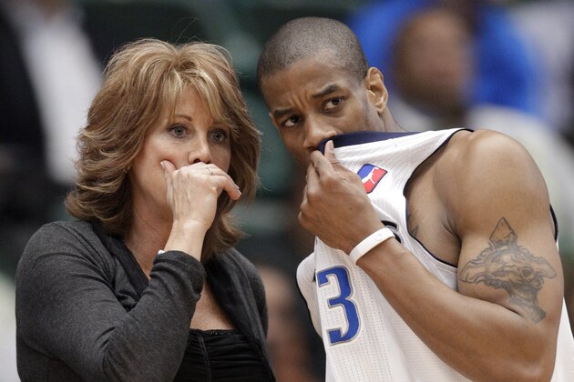 FILE - This March 30, 2011, file phoot shows Texas Legends head coach Nancy Lieberman instructing Antonio Daniels, right, during an NBA Development League basketball game against the Springfield Armor,  in Frisco, Texas. Lieberman is moving into the front office after a season in which she became the first woman to coach a men's pro team. (AP Photo/Tony Gutierrez, File)