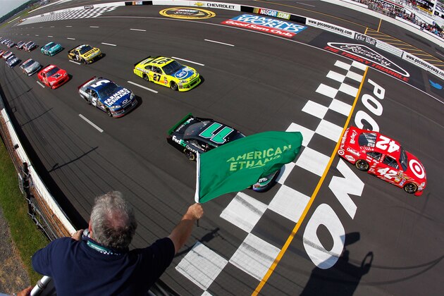 LONG POND, PA - AUGUST 05:  Juan Pablo Montoya, driver of the #42 Target Chevrolet, leads the field to the green flag to start the NASCAR Sprint Cup Series Pennsylvania 400 at Pocono Raceway on August 5, 2012 in Long Pond, Pennsylvania.  (Photo by Jeff Zelevansky/Getty Images)
