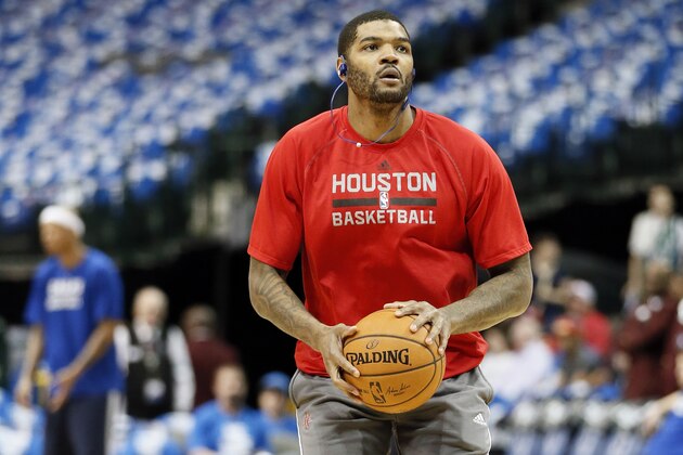Houston Rockets' Josh Smith prepares to take a shot as he warms up before Game 4 of an NBA basketball first-round playoff series against the Dallas Mavericks, Sunday, April 26, 2015, in Dallas. (AP Photo/Tony Gutierrez)