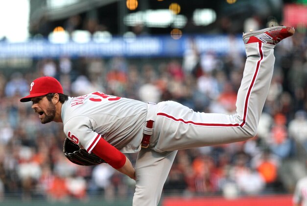 Jul 10, 2015; San Francisco, CA, USA; Philadelphia Phillies starting pitcher Cole Hamels (35) throws to the San Francisco Giants in the first inning of their MLB baseball game at AT&T Park. Mandatory Credit: Lance Iversen-USA TODAY Sports