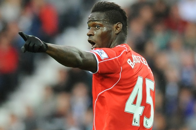 Liverpool's Mario Balotelli points during the English Premier League soccer match between West Bromwich Albion and Liverpool at the Hawthorns, West Bromwich, England, Saturday, April 25, 2015. (AP Photo/Rui Vieira)