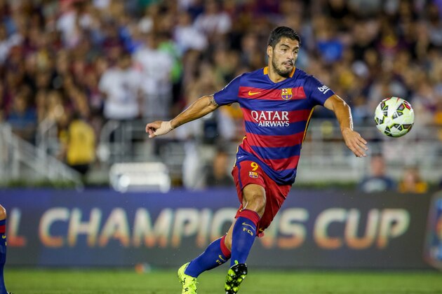 FC Barcelona's Luis Suarez during Tuesday's match agains Los Angeles Galaxy at the Rose Bowl in Pasadena, Calif., July 21, 2015. (Doug Benc/AP Images for International Champions Cup)