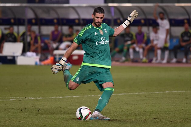 Real Madrid's Spanish goalkeeper Kiko Casilla scores a goal during the penalty shootout of the International Champions Cup football match between AC Milan and Real Madrid in Shanghai on July 30, 2015. AFP PHOTO / JOHANNES EISELE        (Photo credit should read JOHANNES EISELE/AFP/Getty Images)