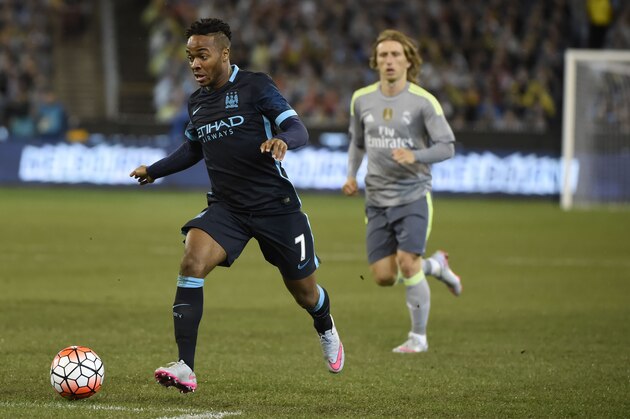 Raheem Stirling (L) of Manchester City controls the ball during the International Champions Cup football match between English Premier League team Manchester City and Spanish side Real Madrid in Melbourne on July 24, 2015. AFP PHOTO / Mal FAIRCLOUGH -- IMAGE RESTRICTED TO EDITORIAL USE - STRICTLY NO COMMERCIAL USE        (Photo credit should read MAL FAIRCLOUGH/AFP/Getty Images)