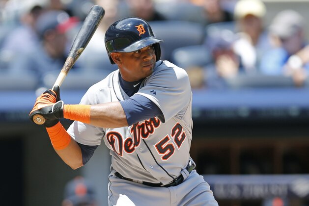 Detroit Tigers Yoenis Cespedes bats in a baseball game New York Yankees at Yankee Stadium in New York, Sunday, June 21, 2015.  (AP Photo/Kathy Willens)