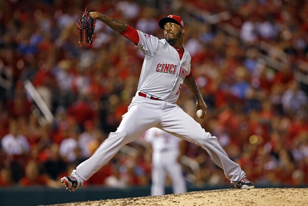 Cincinnati Reds relief pitcher Aroldis Chapman throws during the ninth inning of a baseball game against the St. Louis Cardinals, Wednesday, July 29, 2015, in St. Louis. The Reds won the game 1-0. (AP Photo/Billy Hurst)