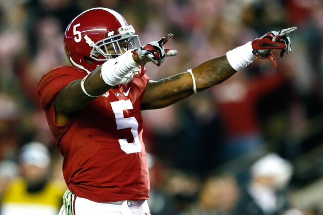 TUSCALOOSA, AL - NOVEMBER 15:  Cyrus Jones #5 of the Alabama Crimson Tide reacts after intercepting a touchdown reception intended for De'Runnya Wilson #1 of the Mississippi State Bulldogs at Bryant-Denny Stadium on November 15, 2014 in Tuscaloosa, Alabama.  (Photo by Kevin C. Cox/Getty Images)