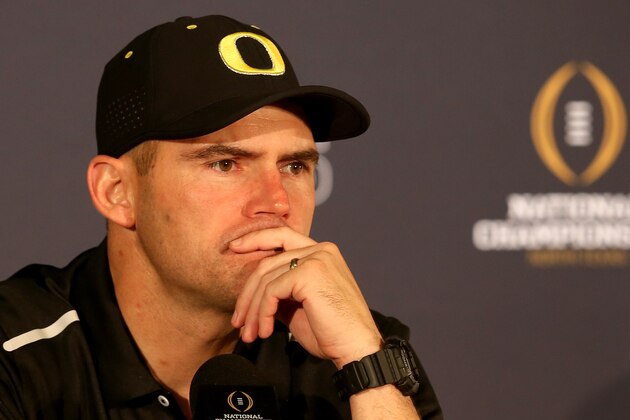 ARLINGTON, TX - JANUARY 12:  Head coach Mark Helfrich of the Oregon Ducks speaks to the media after being defeated by the Ohio State Buckeyes during the College Football Playoff National Championship Game at AT&T Stadium on January 12, 2015 in Arlington, Texas.  The Ohio State Buckeyes defeated the Oregon Ducks 42 to 20.  (Photo by Sarah Glenn/Getty Images)
