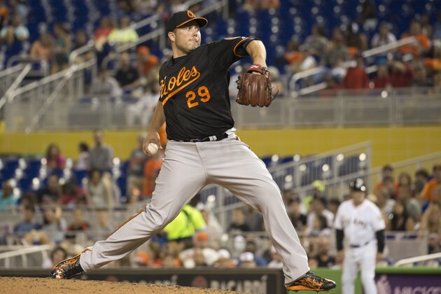 Baltimore Orioles relief pitcher Tommy Hunter throws to the Miami Marlins during the seventh inning of a baseball game in Miami, Friday, May 22, 2015. (AP Photo/J Pat Carter) Baltimore Orioles relief pitcher Tommy Hunter throws to the Miami Marlins during the seventh inning of a baseball game in Miami, Friday, May 22, 2015. (AP Photo/J Pat Carter)