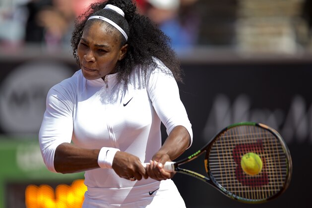 Serena Williams from the US plays her opening match against Ysaline Bonaventure of Belgium,  at the Swedish Open in Bastad, Sweden, Wednesday, July 15, 2015. Williams won 6—2, 6—1. (Adam Ihse, TT News Agency via AP)