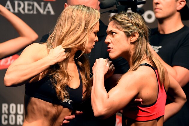 RIO DE JANEIRO, BRAZIL - JULY 31:  (L-R) UFC strawweight champion Ronda Rousey and Bethe Correia face off during the UFC 190 weigh-in inside HSBC Arena on July 31, 2015 in Rio de Janeiro, Brazil.  (Photo by Josh Hedges/Zuffa LLC/Zuffa LLC via Getty Images)