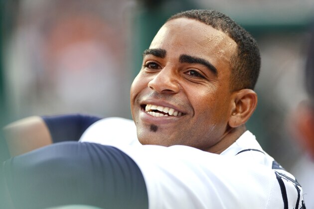 DETROIT, MI - JUNE 02:  Yoenis Cespedes #52 of the Detroit Tigers looks on from the dugout during the game against the Oakland Athletics at Comerica Park on June 2, 2015 in Detroit, Michigan. The A's defeated the Tigers 5-3.  (Photo by Mark Cunningham/MLB Photos via Getty Images)
