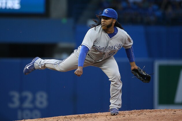 TORONTO, CANADA - JULY 31: Johnny Cueto #47 of the Kansas City Royals delivers a pitch in the third inning during MLB game action against the Toronto Blue Jays on July 31, 2015 at Rogers Centre in Toronto, Ontario, Canada. (Photo by Tom Szczerbowski/Getty Images)