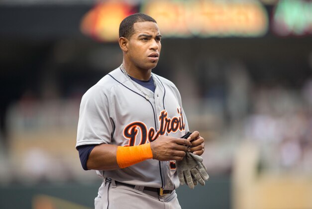 Jul 11, 2015; Minneapolis, MN, USA; Detroit Tigers left fielder Yoenis Cespedes (52) waits for his gear after the first inning against the Minnesota Twins at Target Field.  The Twins win 9-5. Mandatory Credit: Bruce Kluckhohn-USA TODAY Sports