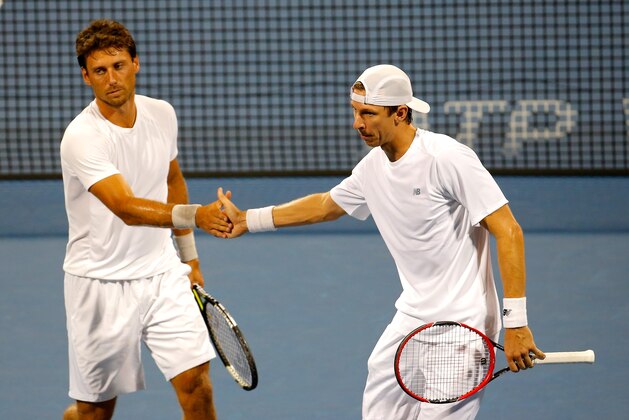 ATLANTA, GA - JULY 31:  Artem Sitak of New Zealand and Eric Butorac react in their match against Mardy Fish and Andy Roddick during the BB&T Atlanta Open at Atlantic Station on July 31, 2015 in Atlanta, Georgia.  (Photo by Kevin C. Cox/Getty Images)