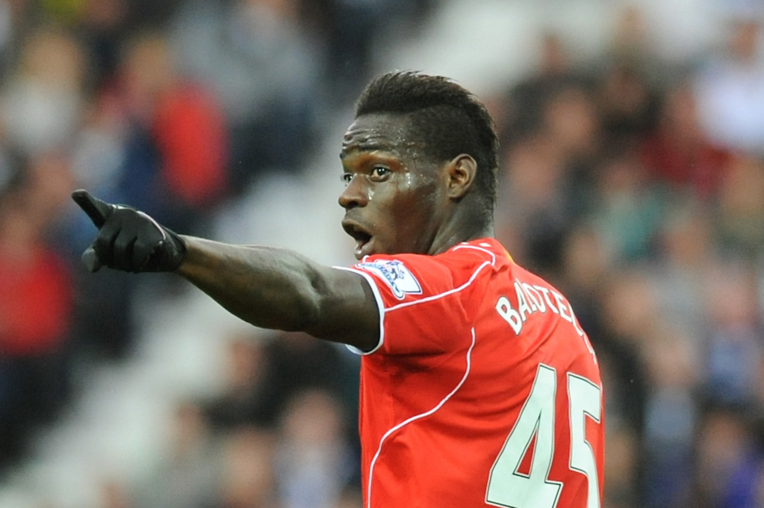Liverpool's Mario Balotelli points during the English Premier League soccer match between West Bromwich Albion and Liverpool at the Hawthorns, West Bromwich, England, Saturday, April 25, 2015. (AP Photo/Rui Vieira)