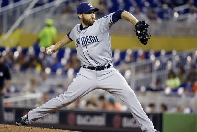 San Diego Padres starting pitcher Ian Kennedy throws in the first inning of a baseball game against the Miami Marlins, Friday, July 31, 2015, in Miami. (AP Photo/Lynne Sladky)