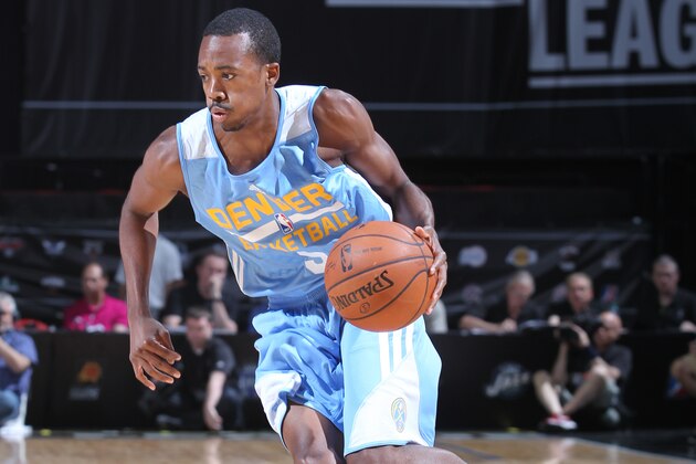 LAS VEGAS, NV - JULY 18: Errick McCollum #6 of the Denver Nuggets drives against the Los Angeles Lakers at the Samsung NBA Summer League 2014 on July 18, 2014 at the Thomas & Mack Center in Las Vegas, Nevada. NOTE TO USER: User expressly acknowledges and agrees that, by downloading and or using this photograph, User is consenting to the terms and conditions of the Getty Images License Agreement. Mandatory Copyright Notice: Copyright 2014 NBAE (Photo by Jack Arent/NBAE via Getty Images)