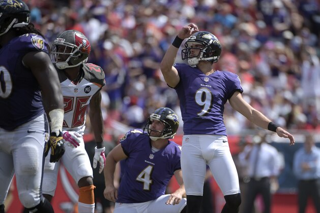 Baltimore Ravens kicker Justin Tucker (9) watches his field goal attempt with holder Sam Koch (4) and Tampa Bay Buccaneers cornerback Crezdon Butler (26) during the first half of an NFL football game in Tampa, Fla., Sunday, Oct. 12, 2014. (AP Photo/Phelan M. Ebenhack)