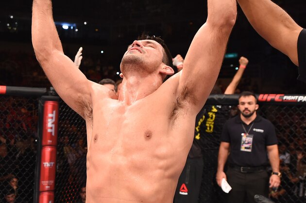 RIO DE JANEIRO, BRAZIL - AUGUST 01:  Demian Maia of Brazil celebrates his submission victory over Neil Magny of the United States in their welterweight bout during the UFC 190 event inside HSBC Arena on August 1, 2015 in Rio de Janeiro, Brazil.  (Photo by Josh Hedges/Zuffa LLC/Zuffa LLC via Getty Images)