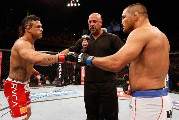 GOIANIA, BRAZIL - NOVEMBER 09:  Opponents Vitor Belfort (L) and Dan Henderson (R) face off before their light heavyweight bout during the UFC event at Arena Goiania on November 9, 2013 in Goiania, Brazil. (Photo by Josh Hedges/Zuffa LLC/Zuffa LLC via Getty Images)