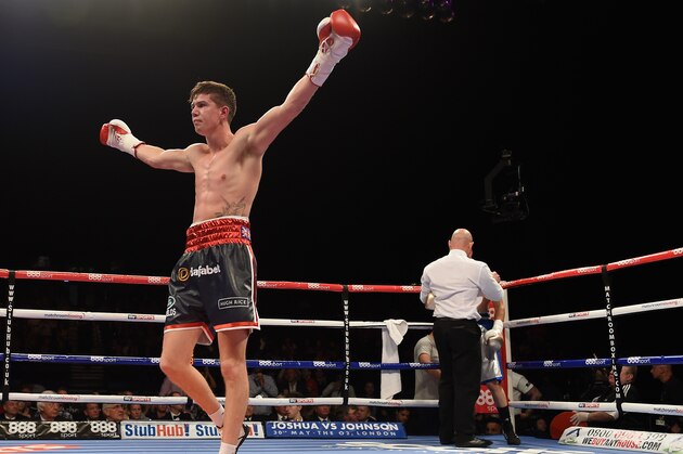 BIRMINGHAM, ENGLAND - MAY 09:  Luke Campbell (Black Short) celebrates his victory over Aboubeker Bechelaghem during the Lightweight Contest during Resurrection Fight Night at Barclaycard Arena on May 9, 2015 in Birmingham, England.  (Photo by Christopher Lee/Getty Images)