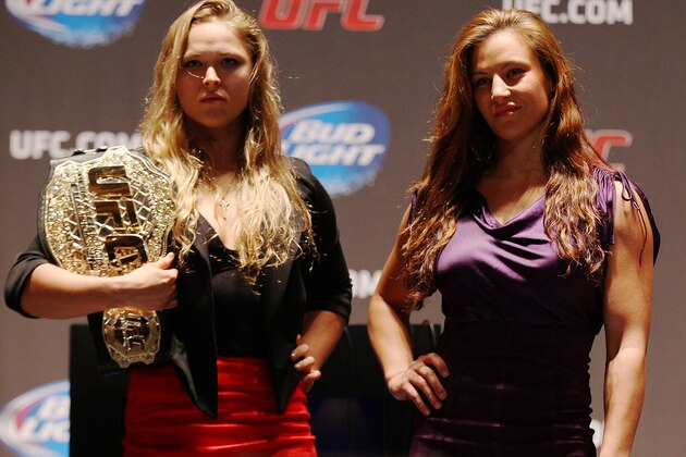 NEW YORK, NY - JULY 31:  (L-R) UFC women's bantamweight champion Ronda Rousey and Miesha Tate pose for a photo at the Beacon Theatre on July 31, 2013 in New York City.  (Photo by Mike Stobe/Zuffa LLC/Zuffa LLC via Getty Images)