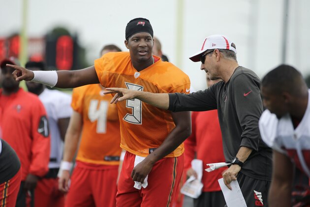 Tampa Bay Buccaneers quarterback Jameis Winston (3) talks to offensive coordinator Dirk Koetter during a Buccaneers NFL football training camp Sunday, Aug. 2, 2015, in Tampa, Fla. (AP Photo/Chris O'Meara)
