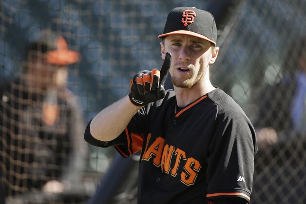 San Francisco Giants' Matt Duffy takes batting practice before the start of their baseball game against the Atlanta Braves Thursday, May 28, 2015, in San Francisco. (AP Photo/Eric Risberg)