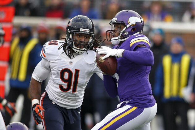 Dec 28, 2014; Minneapolis, MN, USA; Chicago Bears defensive end David Bass (91) goes for a sack against Minnesota Vikings quarterback Teddy Bridgewater (5) in the fourth quarter at TCF Bank Stadium. The Vikings win 13-9. Mandatory Credit: Bruce Kluckhohn-USA TODAY Sports