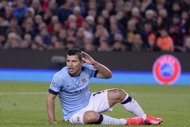 Manchester City's Sergio Aguero reacts after missing a chance during a Champions League round of 16 second leg, soccer match between FC Barcelona and Manchester City at Camp Nou stadium, in Barcelona, Spain, Wednesday, March 18, 2015. (AP Photo/Manu Fernandez)