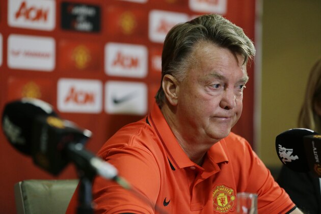 Manchester United manager Louis van Gaal listens to a question as he talks to reporters during a press conference, Wednesday, July 15, 2015, in Bellevue, Wash. Manchester United is in Seattle for an international friendly soccer match against Mexico's Club America to be played on Friday. (AP Photo/Ted S. Warren)