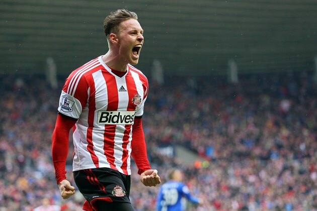 Sunderland's English striker Connor Wickham celebrates after scoring his team's fourth goal during the English Premier League football match between Sunderland and Cardiff City at Stadium of Light in Sunderland, northeast England, on April 27, 2014. AFP PHOTO / IAN MACNICOL

RESTRICTED TO EDITORIAL USE. NO USE WITH UNAUTHORIZED AUDIO, VIDEO, DATA, FIXTURE LISTS, CLUB/LEAGUE LOGOS OR LIVE SERVICES. ONLINE IN-MATCH USE LIMITED TO 45 IMAGES, NO VIDEO EMULATION. NO USE IN BETTING, GAMES OR SINGLE CLUB/LEAGUE/PLAYER PUBLICATIONS        (Photo credit should read Ian MacNicol,Ian MacNicol/AFP/Getty Images)