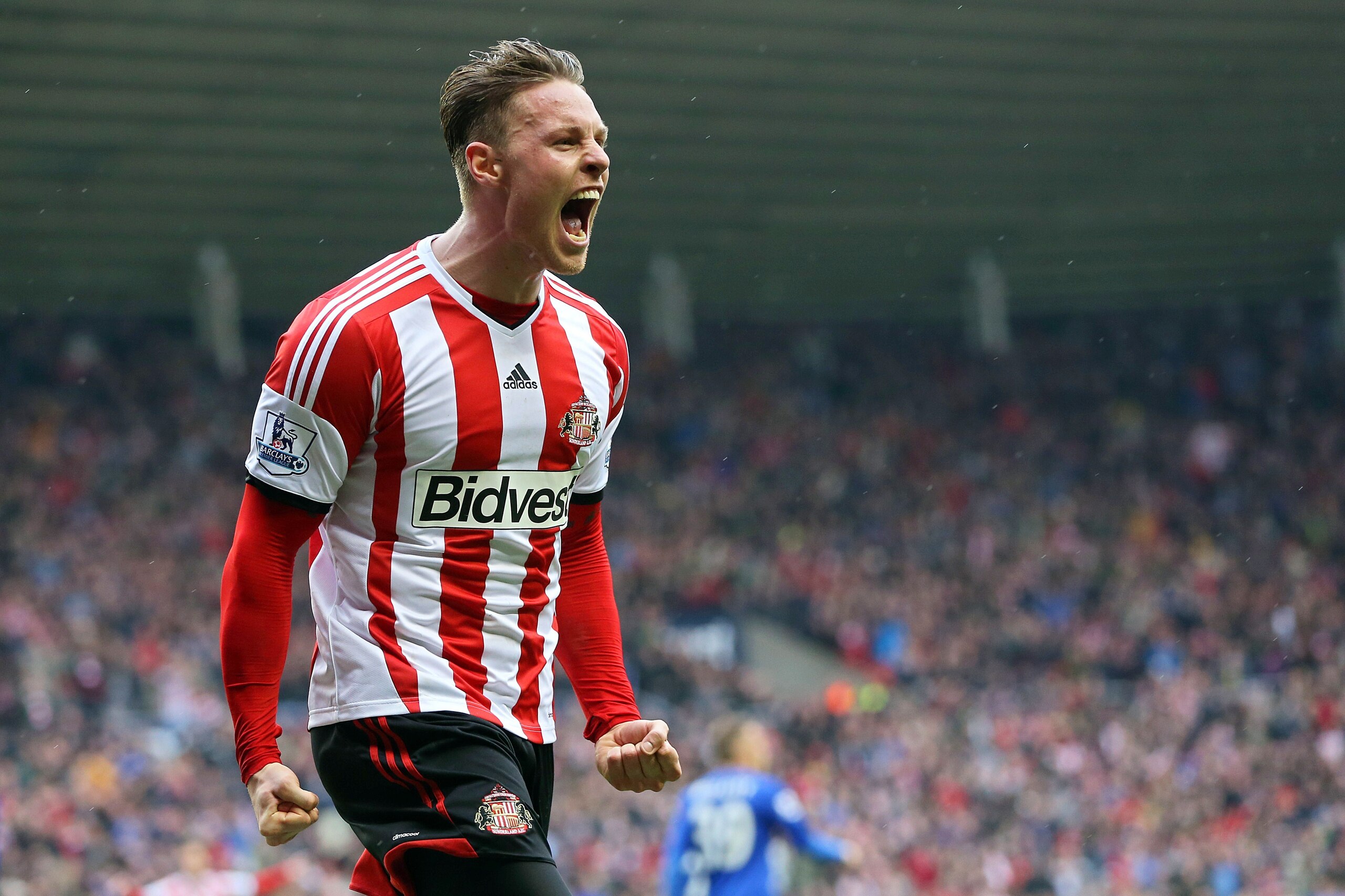 Sunderland's English striker Connor Wickham celebrates after scoring his team's fourth goal during the English Premier League football match between Sunderland and Cardiff City at Stadium of Light in Sunderland, northeast England, on April 27, 2014. AFP PHOTO / IAN MACNICOL

RESTRICTED TO EDITORIAL USE. NO USE WITH UNAUTHORIZED AUDIO, VIDEO, DATA, FIXTURE LISTS, CLUB/LEAGUE LOGOS OR LIVE SERVICES. ONLINE IN-MATCH USE LIMITED TO 45 IMAGES, NO VIDEO EMULATION. NO USE IN BETTING, GAMES OR SINGLE CLUB/LEAGUE/PLAYER PUBLICATIONS        (Photo credit should read Ian MacNicol,Ian MacNicol/AFP/Getty Images)