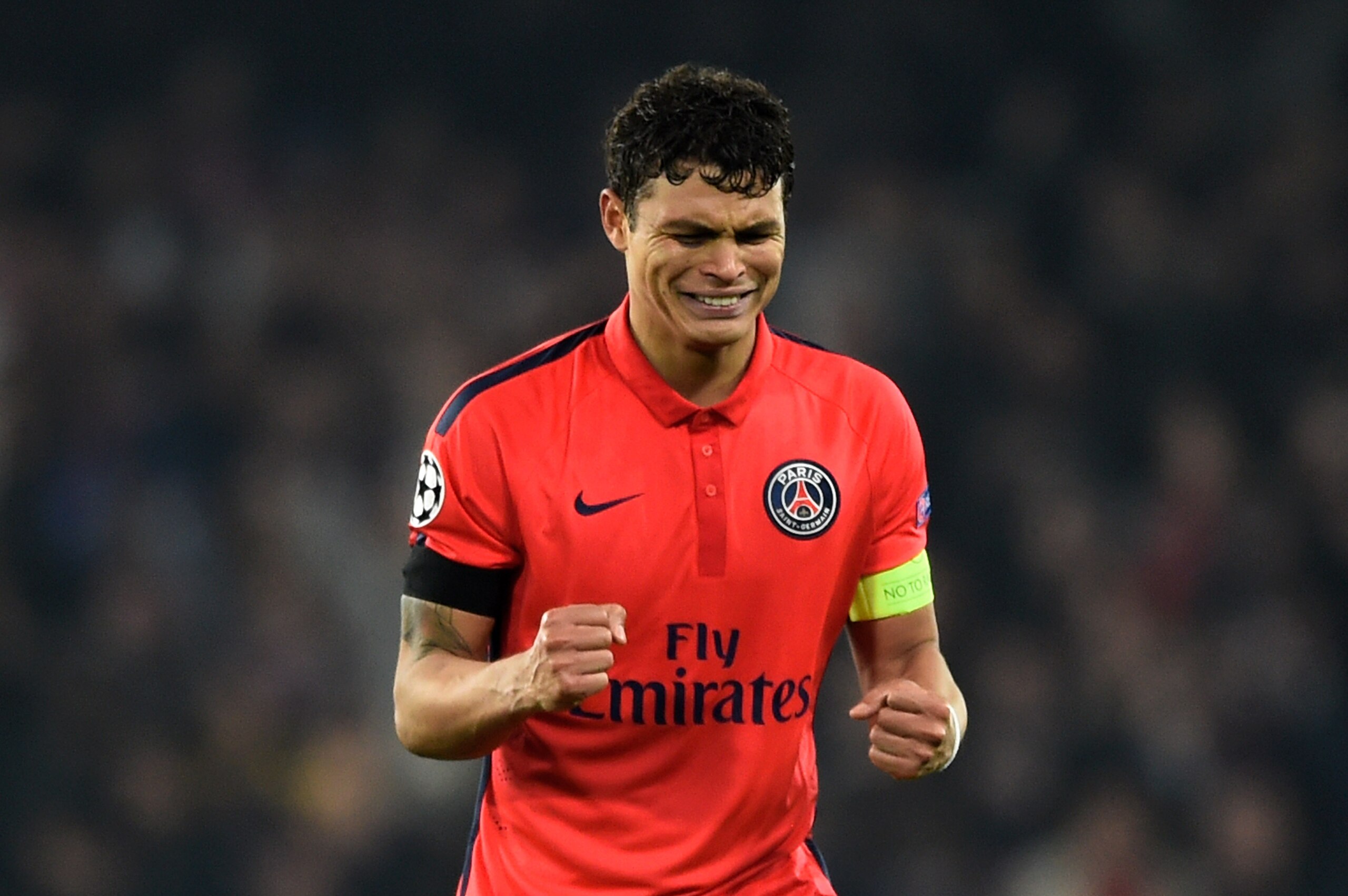 LONDON, ENGLAND - MARCH 11:  Thiago Silva of PSG celebrates following his team's victory during the UEFA Champions League Round of 16, second leg match between Chelsea and Paris Saint-Germain at Stamford Bridge on March 11, 2015 in London, England.  (Photo by Mike Hewitt/Getty Images)