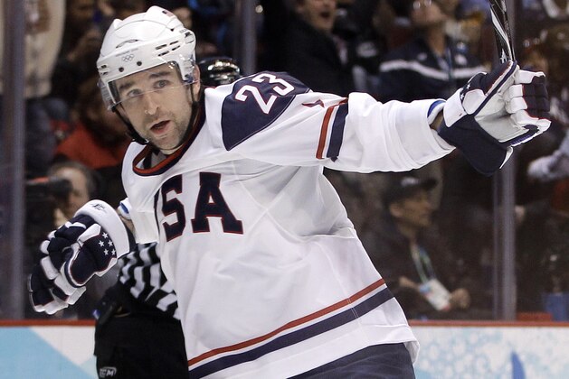 USA's Chris Drury celebrates after scoring against Norway in the first period of a preliminary round men's ice hockey game at the Vancouver 2010 Olympics in Vancouver, British Columbia, Thursday, Feb. 18, 2010. (AP Photo/Julie Jacobson)