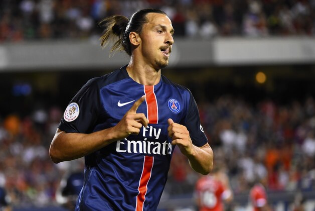 Jul 29, 2015; Chicago, IL, USA; Paris Saint-Germain forward Zlatan Ibrahimovic (10) reacts after scoring a goal against the Manchester United during the first half at Soldier Field. Mandatory Credit: Mike DiNovo-USA TODAY Sports