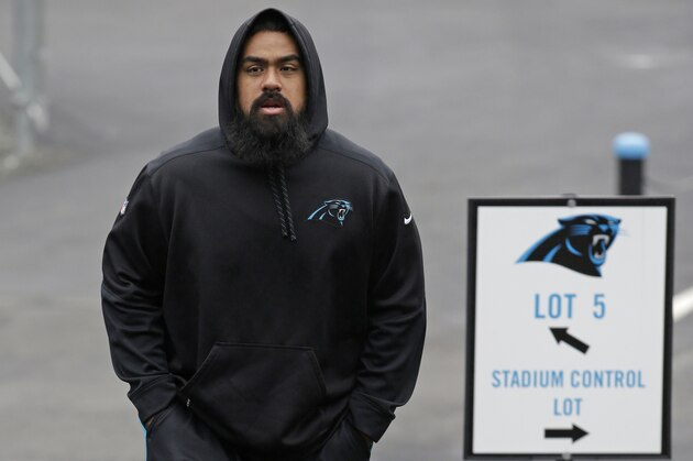 Carolina Panthers' Star Lotulelei arrives before an NFL Wild Card playoff football game against the Arizona Cardinals in Charlotte, N.C., Saturday, Jan. 3, 2015. (AP Photo/Bob Leverone)