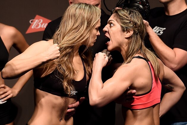 RIO DE JANEIRO, BRAZIL - JULY 31:  UFC Bantamweight Champion Ronda Rousey of the United States and Bethe Correia of Brazil face off during their UFC 190 weigh-in at HSBC Arena on July 31, 2015 in Rio de Janeiro, Brazil.  (Photo by Buda Mendes/Zuffa LLC/Zuffa LLC via Getty Images)